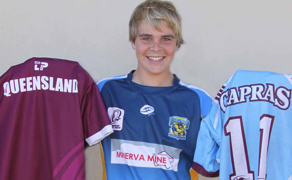 Will Mohr proudly displays his Queensland, Central Highlands and Central Queensland Capras jerseys. Will Mohr proudly displays his Queensland, Central Highlands and Central Queensland Capras jerseys.